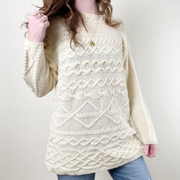 Vintage Sweaters - Vintage Parisian Cable Knit Oversized Sweater Chunky Cozy Slouchy Preppy Aran